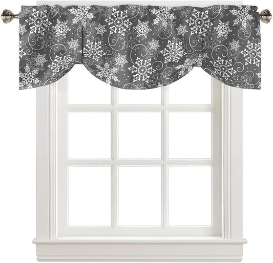 Christmas Blackout Tie Up Valance Curtains for Kitchen Windows Grey White Snowflakes Pattern Window Toppers Balloon Shades for Living Room/Bathroom/Bedroom,1 Panel, 54" X 18", Winter