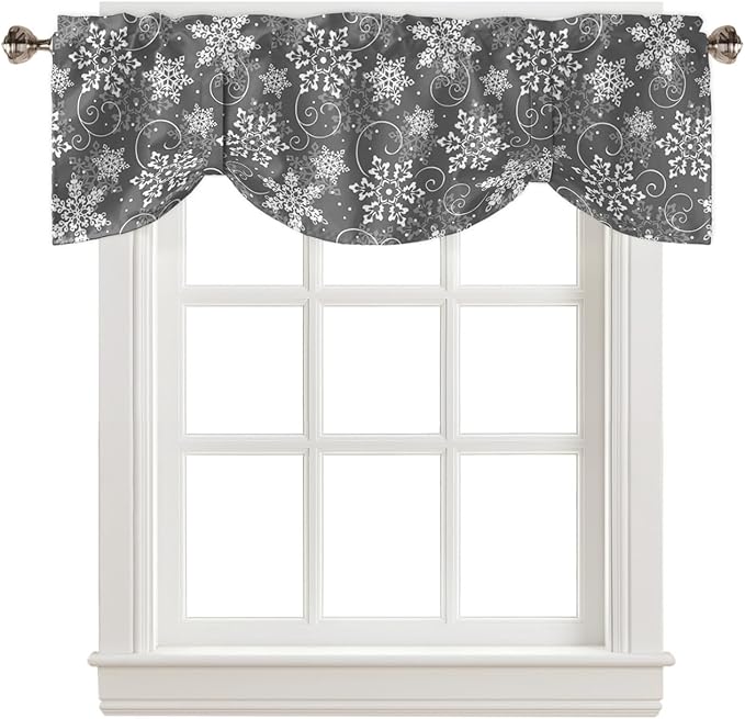 Christmas Blackout Tie Up Valance Curtains for Kitchen Windows Grey White Snowflakes Pattern Window Toppers Balloon Shades for Living Room/Bathroom/Bedroom,1 Panel, 60" X 18", Winter