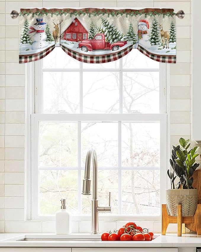 Christmas Farmhouse Blackout Tie Up Valance Curtains for Kitchen Windows Snowman Farm Red Truck Window Toppers Balloon Shades for Living Room/Bathroom/Bedroom,1 Panel,54" X 18" Winter Holiday