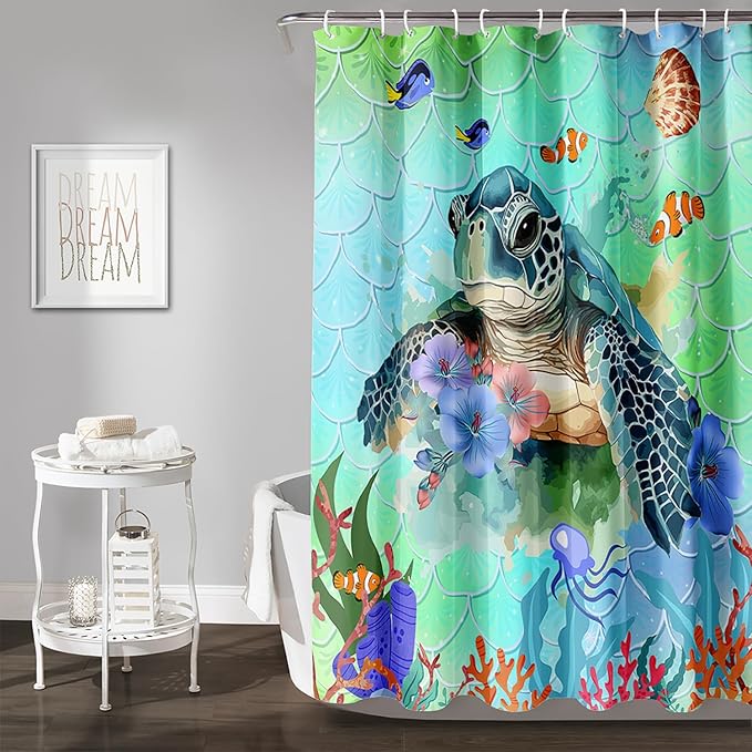 AILONEN Cartoon Sea Turtle Shower Curtain,Kawaii Sea Animal Bathroom Curtains for Kids,Girls,Watercolor Green Ocean Theme Shower Curtains Set with Hooks for Bathroom,72" W*96" H