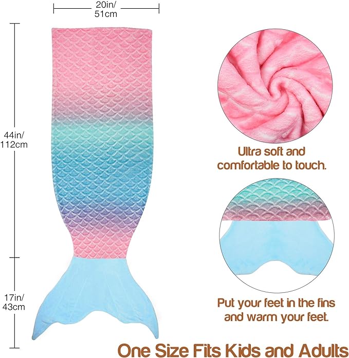 Catalonia Kids Mermaid Tail Blanket, Super Soft Plush Flannel Sleeping Snuggle Blanket for Girls, Rainbow Ombre, Fish Scale Pattern, Mermaid Gifts for Girls Birthday