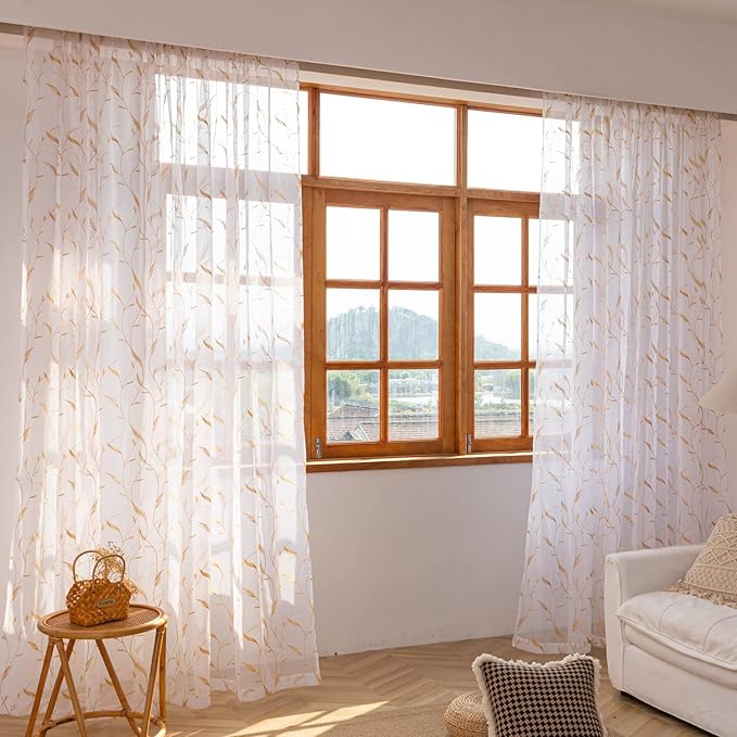 Windows Sheer Curtains Embroider Yellow Leaf 72 Inches Length 2 Panels Voile Light Filtering Sheer Curtains Panel Basic Rod Pocket for Bedroom Living Room Children Room