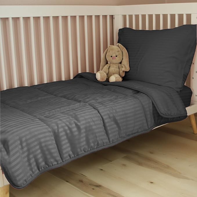 Toddler Bedding Set - 4 Piece Soft Crib Bedding Set for Boys, Includes Toddler Comforter, Flat Sheet, Fitted Sheet and Pillowcase, Black Stripe