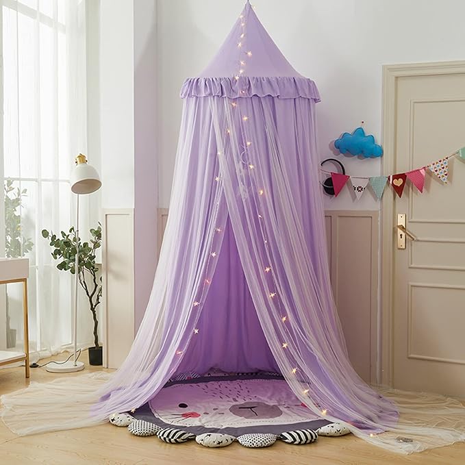 VETHIN Bed Canopy for Kids with Lights,Double Layer Princess Round Dome Children Dreamy Mosquito Net Bedding Girls Room Castle Play Tent Hanging House Decor Reading Nook Canopies(Purple/White)