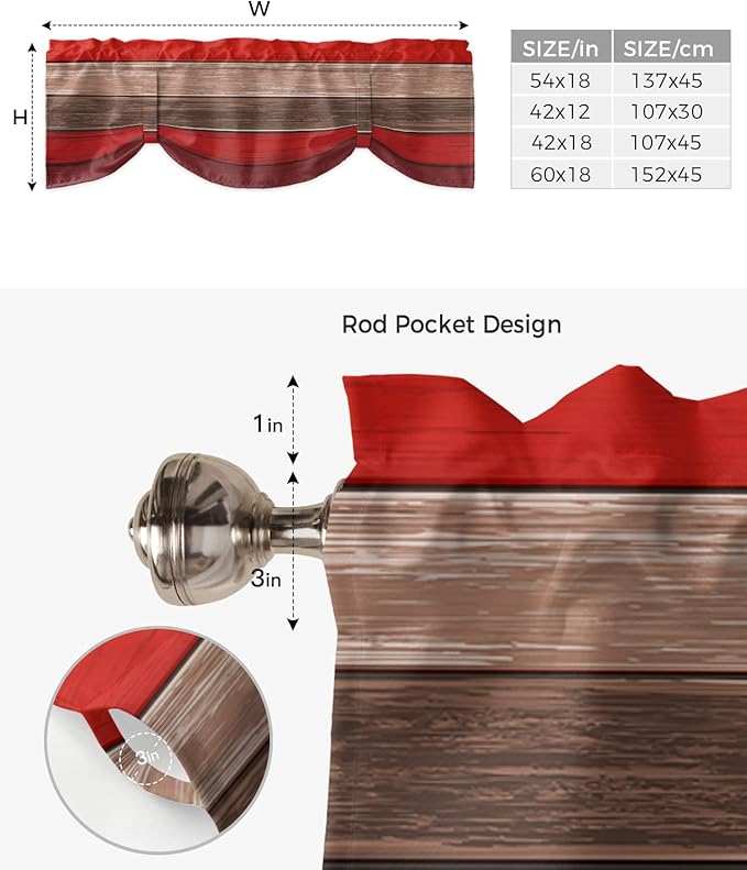 Farmhouse Blackout Tie Up Valance Curtains for Kitchen Windows, Christmas Red Brown Window Toppers Balloon Shades for Living Room/Bathroom/Bedroom,1 Panel,60" X 18" Retro Rustic Barn Wood Texture