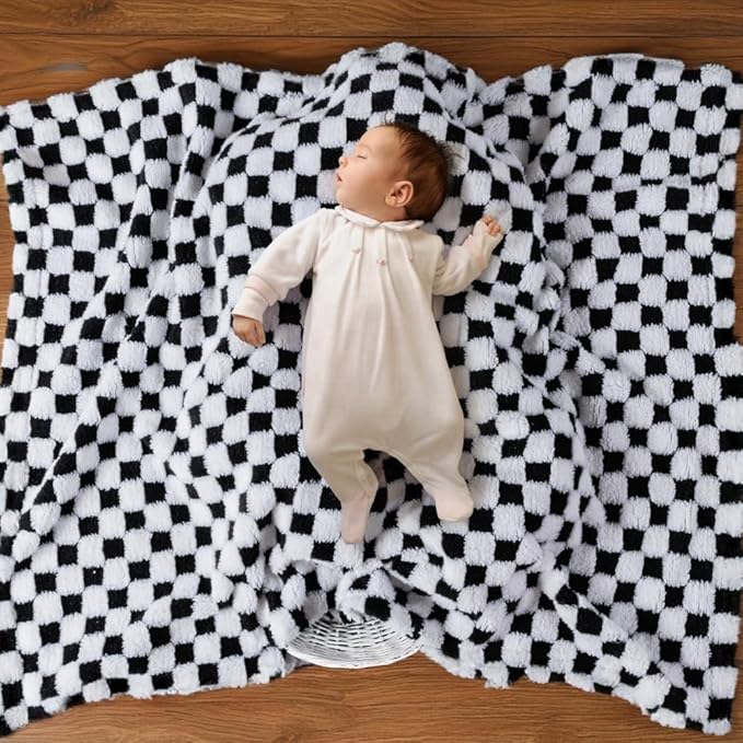Soft Checkered Baby Blankets for Unisex Girls or Boys Breathable Gender Neutral Nursery Double Layer Blankets with Dotted Backing for Newborn Toddlers (30” X 40”)