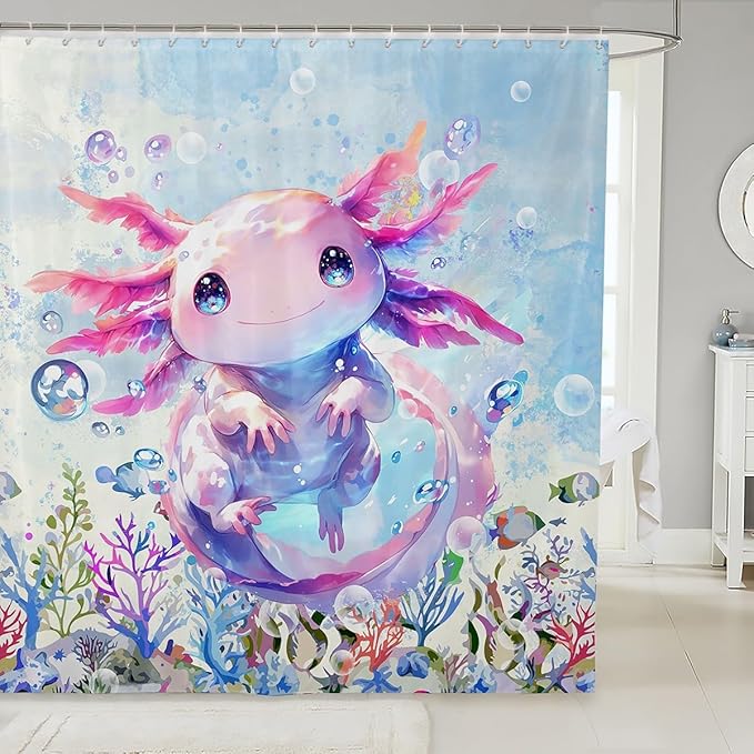 Feelyou Boys Girls Cute Axolotl Shower Curtain Ocean Sealife Bathroom Shower Curtain Set Kids Kawaii Bath Curtain Cartoon Salamander Teens Bathroom Accessories Room Decor 72"x78"