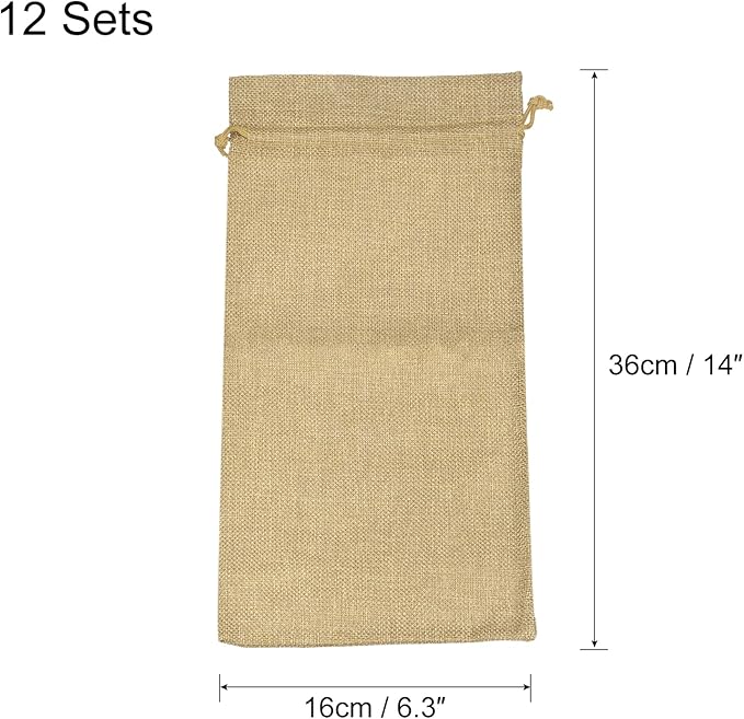 uxcell Burlap Wine Bags with Drawstrings, 12Pcs Wine Gift Bags Reusable Wine Bottle Bags with Ropes and Tags for Wedding, Birthday, Travel (14 x 6.3 In, Wood)