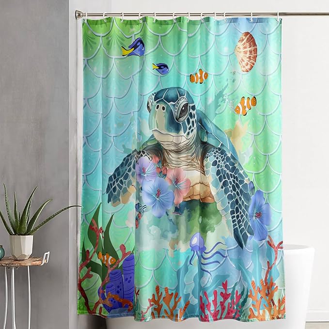 AILONEN Cartoon Sea Turtle Shower Curtain,Kawaii Sea Animal Bathroom Curtains for Kids,Girls,Watercolor Green Ocean Theme Shower Curtains Set with Hooks for Bathroom,48" W*72" H