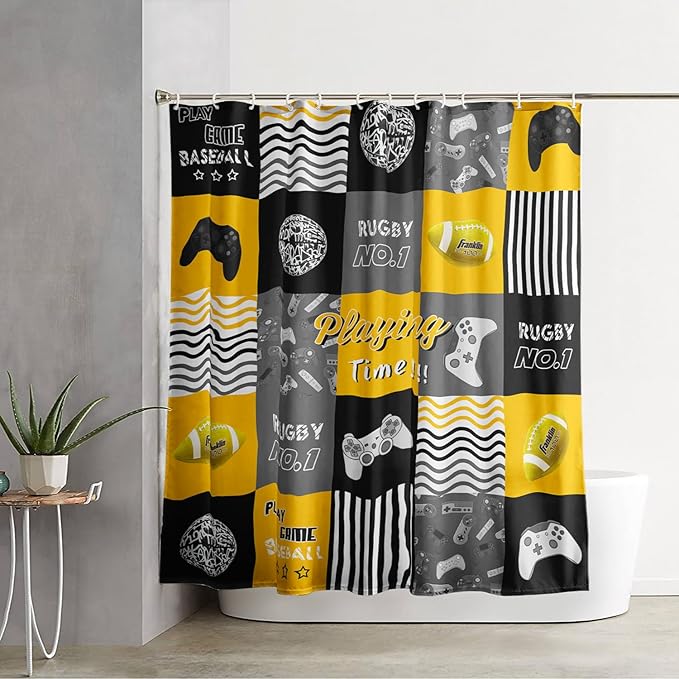 AILONEN Gaming Shower Curtain,Orangish Ball Sports Bathroom Shower Curtain for Boys Kids Teens, 72" W*78" H Gaming Gamer Theme Shower Curtain Sets for Bathroom
