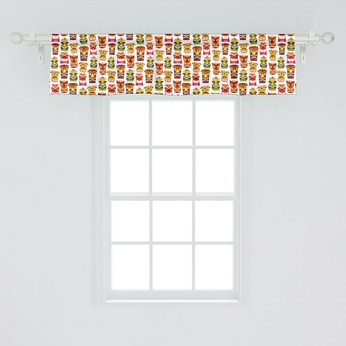 Ambesonne Tiki Bar Window Valance, Sixties Retro Inspired Hawaiian Party Happy Tiki Pattern Colorful, Curtain Valance for Kitchen Bedroom Decor with Rod Pocket, 42" x 12", Multicolor