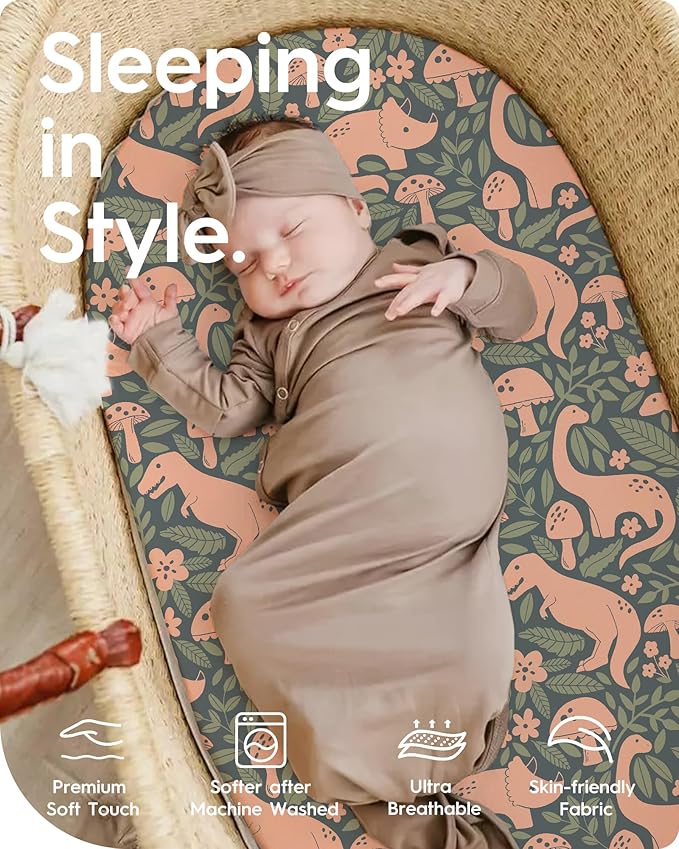 Bassinet Sheets for Baby Boy Girl, TotBasic Buttery Soft Universal Bassinet Fitted Sheet, Compatible with Halo, Mika Micky, Baby Delight, Dream On Me, Maxi COSI & More Bassinet Mattress(PinkDinosaurs)