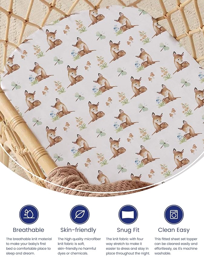 TotAha Premium Soft Bassinet Sheet for Boy Girl, Super Stretchy Jersey Knit Bassinet Fitted Sheet, Compatible with Halo, Maxi COSI, Mika Micky, SNOO, Baby Delight Mattress, Forest Bear & Cute Deer