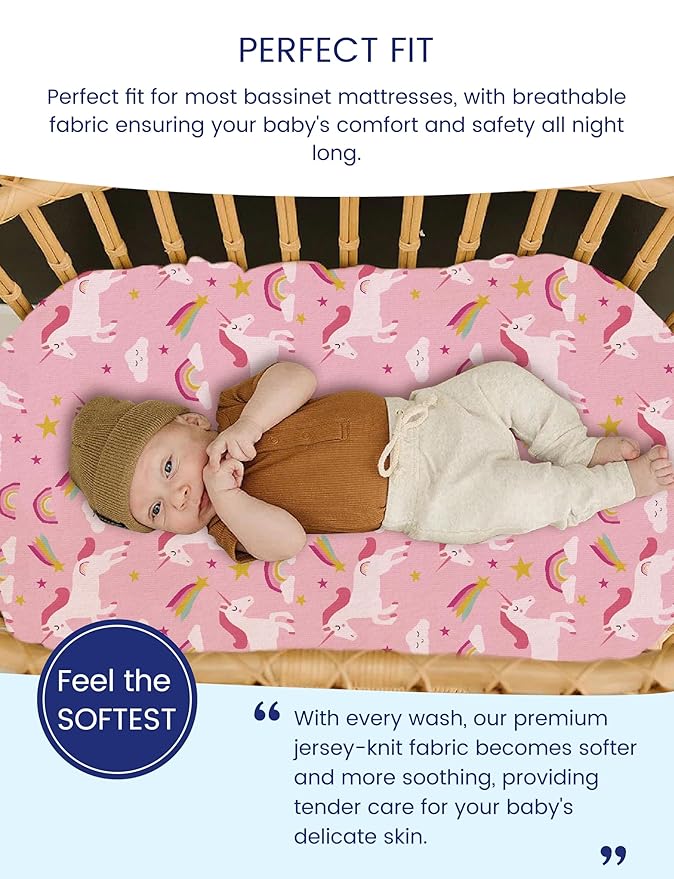 TotAha Premium Soft Unicorn Bassinet Sheet for Girl, Super Stretchy Jersey Knit Bassinet Fitted Sheet, Compatible with Halo, Maxi COSI, Mika Micky, SNOO, Baby Delight Mattress, 2 Pack