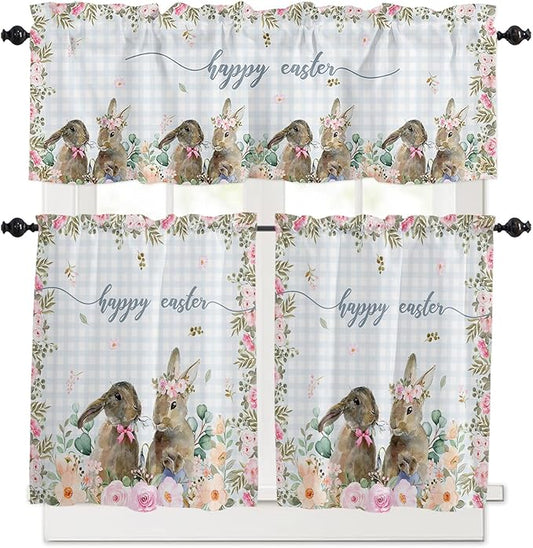 Rabbits Flowers Easter Kitchen Curtains and Valances Set,Eucalyptus Leaf Spring Summer Window Tiers Grey White Buffalo Plaid Half/Short Curtains for Small Windows Cafe /Living Room/ Bedroom 54x24 in