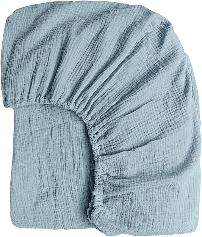 Konssy Muslin Fitted Crib Sheets 100% Cotton Baby Crib Sheets for Standard Crib Mattress (28 X 52 Inches), Soft and Breathable for Boy, Girl (Air Blue)