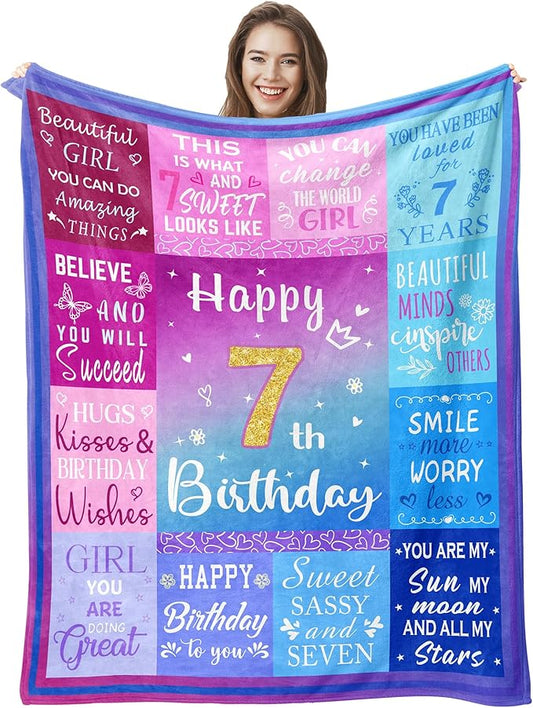 7 Year Old Girl Birthday Gifts Blanket, 7 Year Old Girl Gifts, Birthday Gifts for 7 Year Old Girls, 7th Birthday Decorations for Girls, Seven Year Old Girl Birthday Gifts 60"X50"
