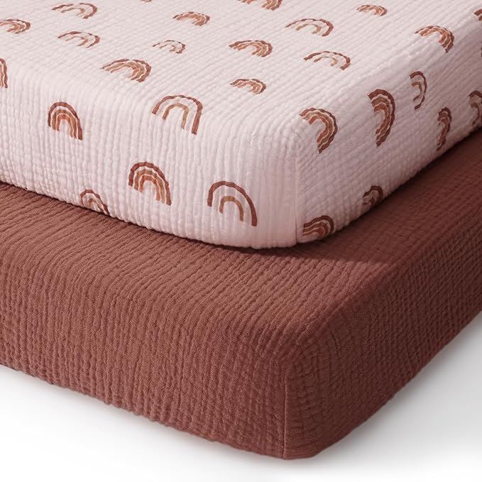 Blissful Diary Muslin Mini Crib Sheets, Pack and Play Mattress Sheets Fitted for Pack N Play, Soft Cotton for Boys Girls, 2 Pack(Rainbow&Cedar)