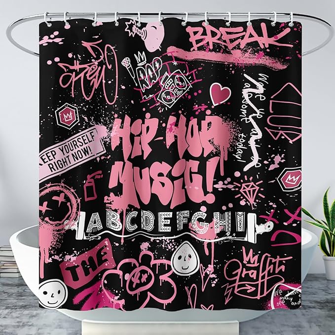 AILONEN Black Pink Graffiti Shower Curtains for Teens Girls,Hip-Hop Music Bath Shower for Bathroom,Polyester Waterproof with 12 Hooks,60" W*72" H Black Pink