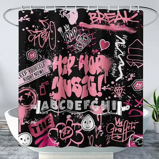 AILONEN Black Pink Graffiti Shower Curtains for Teens Girls,Hip-Hop Music Bath Shower for Bathroom,Polyester Waterproof with 12 Hooks,72" W*96" H Black Pink