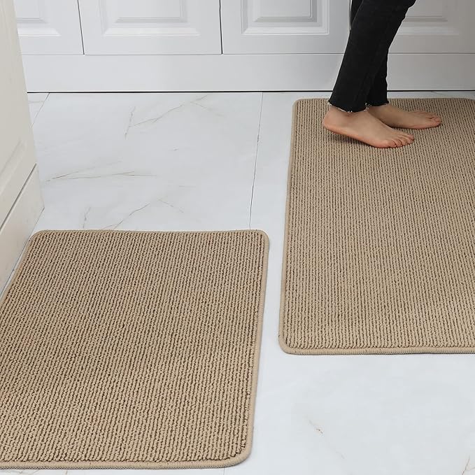 COSY HOMEER 20x30 Inch/20X48 Inch Kitchen Rug Mats Made of 100% Polypropylene Strip TPR Backing 2 Pieces Soft Kitchen Mat Specialized in Anti Slippery and Machine Washable,Beige