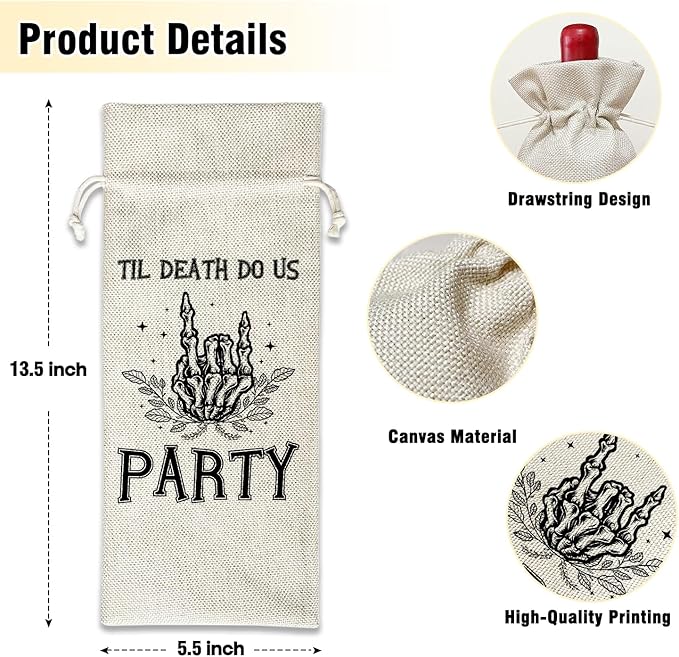 The Death To Us - Wine Canvas Bag, Bachelorette Party Gift for Bride Bridesmaids Gifts Wine Bags for Wine Bottles, Skull Wine Gifts With Drawstring Engagement Bridal Shower Party Decoration -WB16