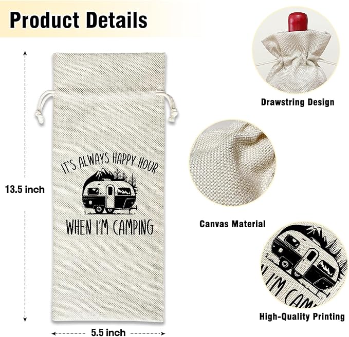 Wine Canvas Bag, Camper Gifts Wine Gift Bag, Camping Gift for Women Men Camper Friend Vacation Gifts Wine Bags for Wine Bottles, Wine Champagne Gifts With Drawstring Outdoor Party Decoration -WB11