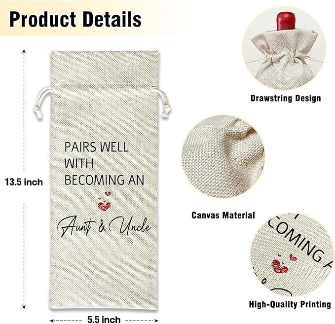 Wine Canvas Bag, Aunt And Uncle Baby Announcement Wine Gift Bag, New Aunt Uncle Gifts Wine Bags for Wine Bottles, Wine Champagne Gifts With Drawstring Pregnancy Announcement Party Decoration -WB05