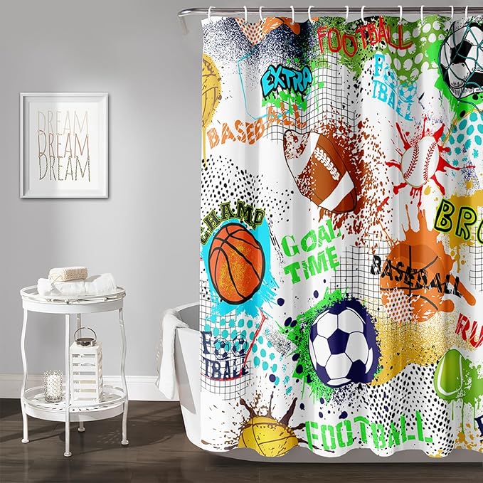 AILONEN Sport Shower Curtain,Graffiti Basketball Football Baseball Rugby Sport Art Bath Curtain Minimalist Bathroom Curtain 72" W*84" H Polyester Waterproof Bathroom Curtain with 12 Hooks