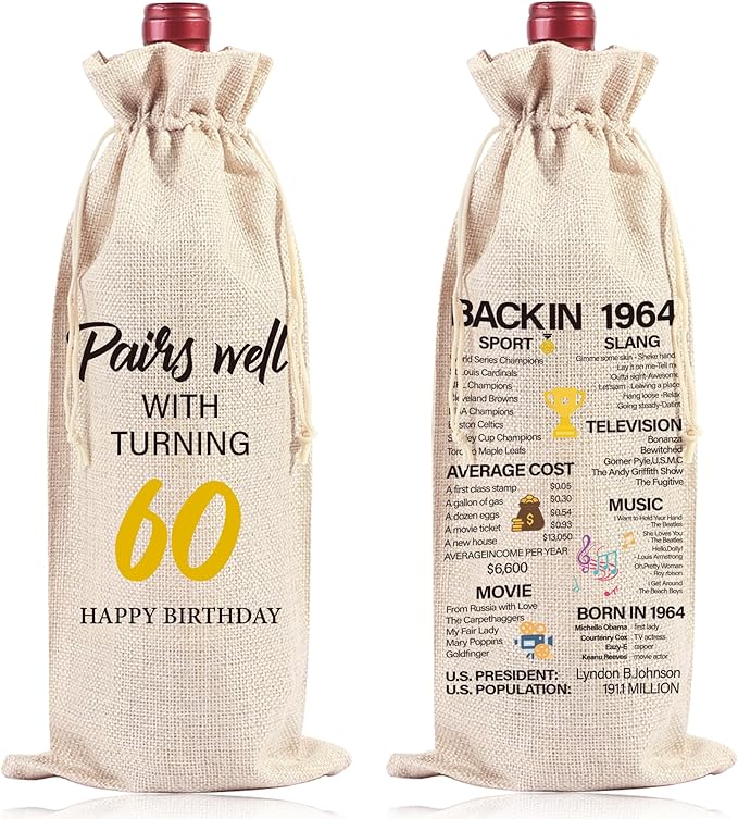 Happy Birthday Wine Bag Gifts - 60th Birthday Gift Ideas Funny Birthday Wine Bag Birthday Gift Drawstring Burlap Wine Bottle Bag for Women Men 60th Birthday Gifts