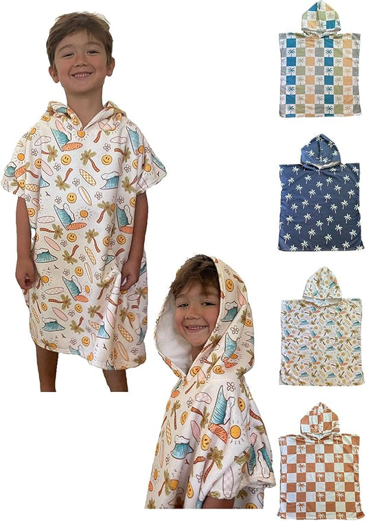 Kids Hooded Towel Poncho - Kids Beach Poncho - Kids Surf Poncho - Kids Pool Towel - Kids Beach Towel - Swim Coverup For Kids - Kids Beach Towel Poncho (Sand Checkered Palm Trees)