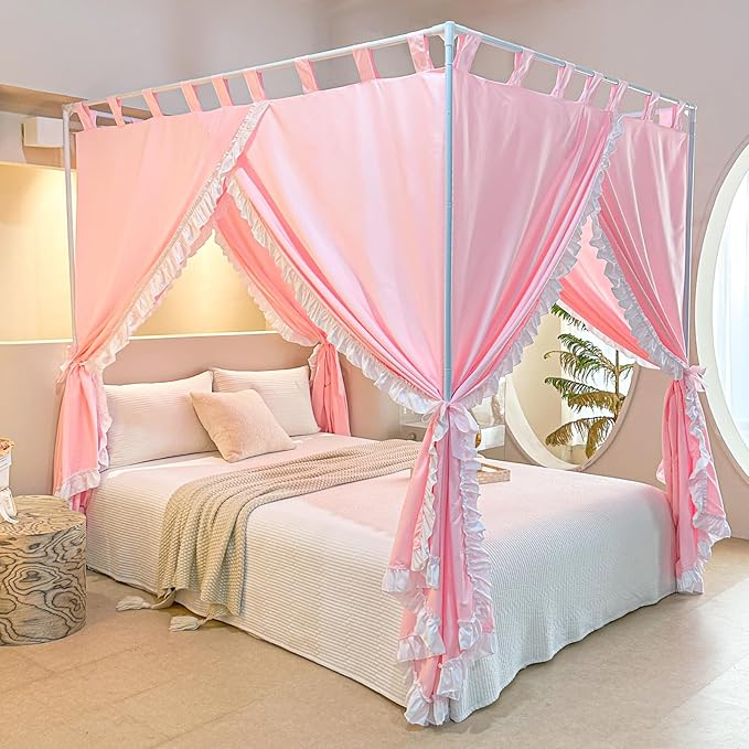 AIKASY Peach Pink Canopy Bed Curtains with Top Ties and Tie Backs for Bedroom Decoration - King Size Bed Curtains with Windproof and Lightproof Features