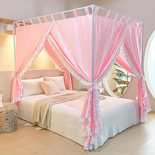 AIKASY Peach Pink Canopy Bed Curtains with Top Ties and Tie Backs for Bedroom Decoration - Queen Size Bed Curtains with Windproof and Lightproof Features
