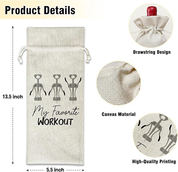 My Favorite Workout - Wine Canvas Bag, Funny Wine Gift Bag, Birthday Gifts for Women Coworker Wine Lover Gifts Wine Bags for Wine Bottles, Wine Gifts With Drawstring Holiday Party Decoration -WB29