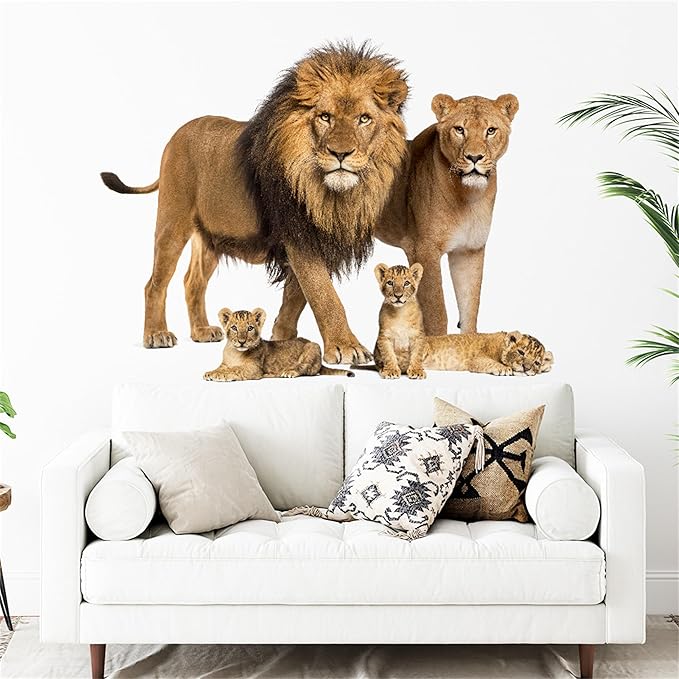 Lion Wall Decals, Vinyl Removable 3D Stickers for Bedroom Nursery Decor - Peel and Stick Cute Baby Girl Boy Toddler Kids Room Art Decoration, Woodland Forest Safari Jungle Mural Waterproof