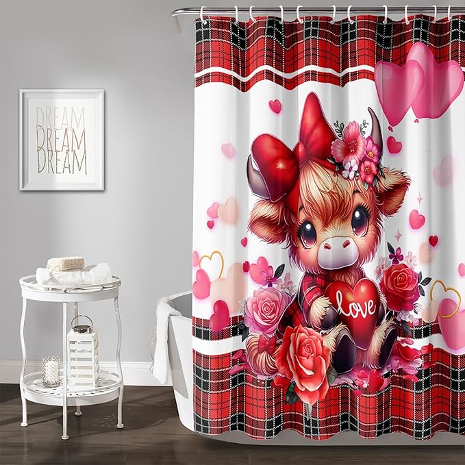 AILONEN Cartoon Yak Shower Curtain Set, Lovely Red Rose Cow Polyester Waterproof Shower Curtain for Bathroom,Love Scottish Tartan Theme Cloth Bath Curtain Set with Hooks,72" Wx84 H