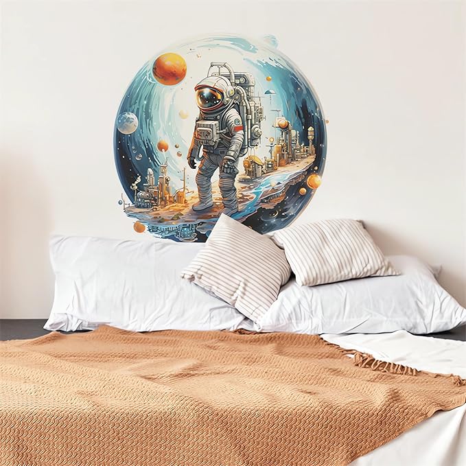 Space Astronaut Wall Stickers, sacinora Outer Space Planet Cosmic Galaxy Wall Decals Removable Vinyl Peel and Stick for Kid Baby Boy Nursery Bedroom Playroom Toddler Room Kindergarten Art Decoration
