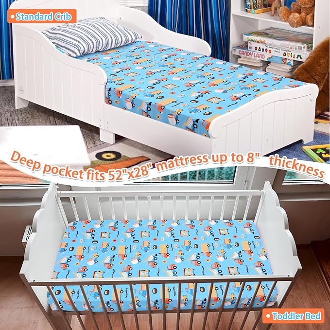 JISEN Baby Crib Sheets Soft Breathable Fitted Crib Sheets Baby Sheet for Standard Crib and Toddler Mattress Baby Bed Sheets for Crib for Baby Boys Girls Neutral 52x28 Inch Blue Trucks