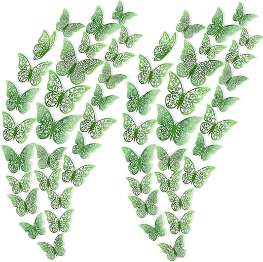 72Pcs 3D Butterfly Wall Decor 3 Sizes 3 Styles, Removable Butterfly Stickers Wall Decals, Butterfly Decorations Party Birthday Cake Decoration for Kids Nursery Wedding Bedroom Room(Green)