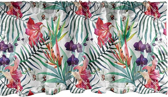 Ambesonne Watercolor Flower Window Valance, Tropical Wild Orchid Flowers with Palm Leaves Print Exotic Style Nature, Curtain Valance for Kitchen Bedroom Decor with Rod Pocket, 42" x 12", Multicolor