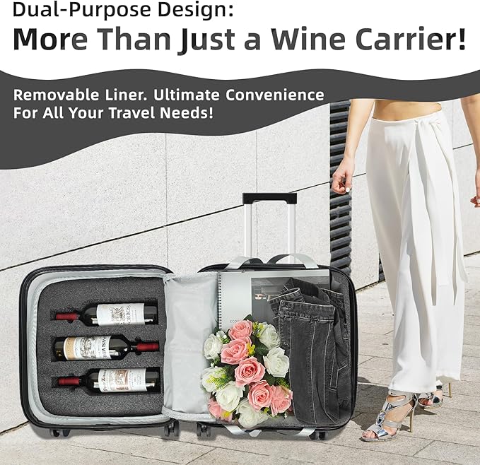 Wine Suitcase, 6 Bottle Wine Luggage, Durable Wine Travel Case, Fly With Wine Suitcase with TSA Lock, Versatile Wine Carrier with Removable Inserts and Silent Spinner Wheels（Black）