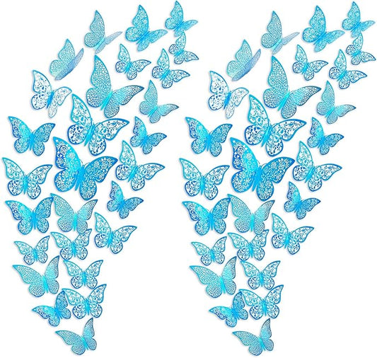 72Pcs 3D Butterfly Wall Decor 3 Sizes 3 Styles, Removable Butterfly Stickers Wall Decals, Butterfly Decorations Party Birthday Cake Decoration for Kids Nursery Wedding Bedroom Room(Blue)