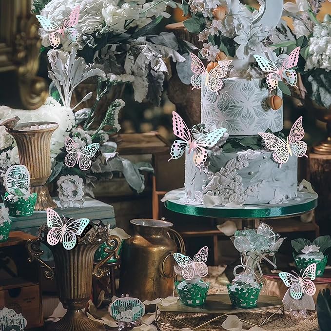 SAOROPEB 3D Butterfly Wall Decor 48 Pcs 4 Styles 3 Sizes, Laser Pink Butterfly Birthday Decorations Butterfly Party Decorations Cake Decorations, Removable Stickers (Laser Pink)