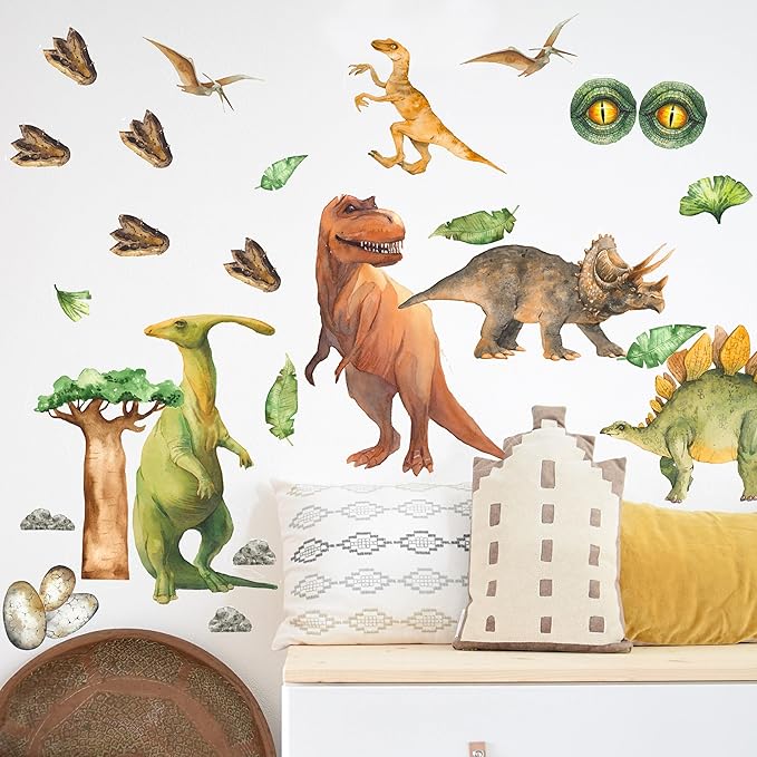 Dinosaur Wall Decals for Kids - Jungle Removable Dinosaur Wall Stickers for Toddler Boys Girls - Safari Peel and Stick Nursery Stickers Children [>25 Dino Wall clings] + Test Sample Included!