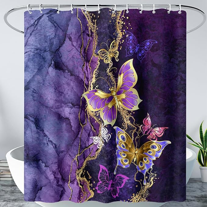 AILONEN Beautiful Butterfly Shower Curtain Bathroom 72" W*84" H Purple Butterfly Curtain Cloth Fabric Bathroom for Girls Kids,Marble Theme Shower Curtain Set