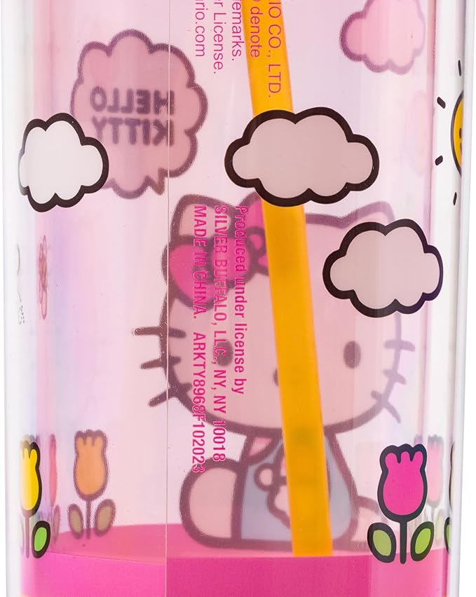 Silver Buffalo Sanrio Hello Kitty Spring and Summer Flowers Rainbow Stripes Plastic Cold Cup with Lid and Straw, 20 Ounces