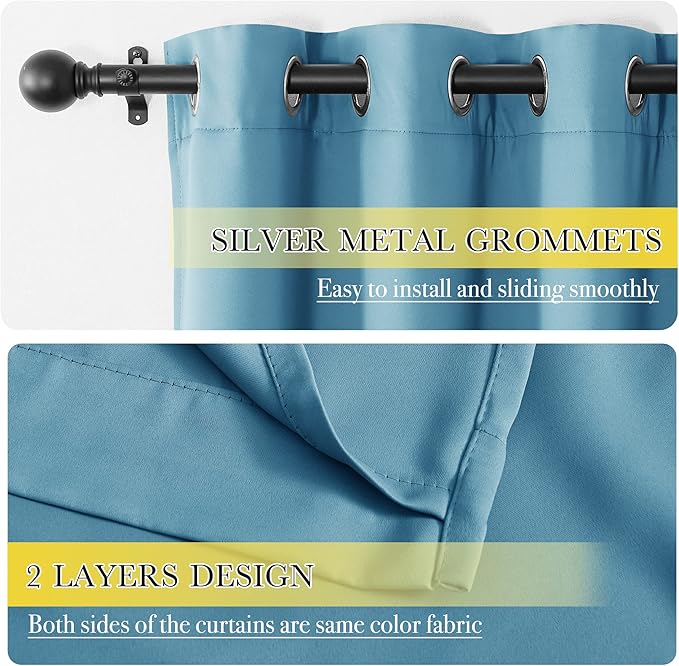 NICETOWN 100% Blackout Curtains with Same Color Liners, Thermal Insulated Full Blackout 2-Layer Lined Drapes, Energy Efficiency Window Draperies for Boy's Room (Teal Blue, 2 PCs, 52-inch by 54-inch)