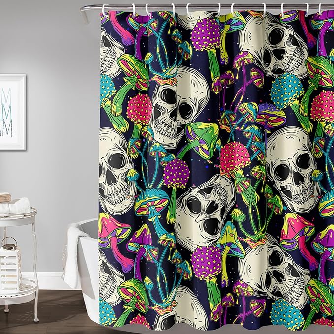 AILONEN Skull Shower Curtain for Bathroom,Mushroom Skull Bath Curtain Decoration,Fantasy Fungus Skeleton Print Waterproof Black Curtain with 12 Plastic Hooks, 72" W*96" H