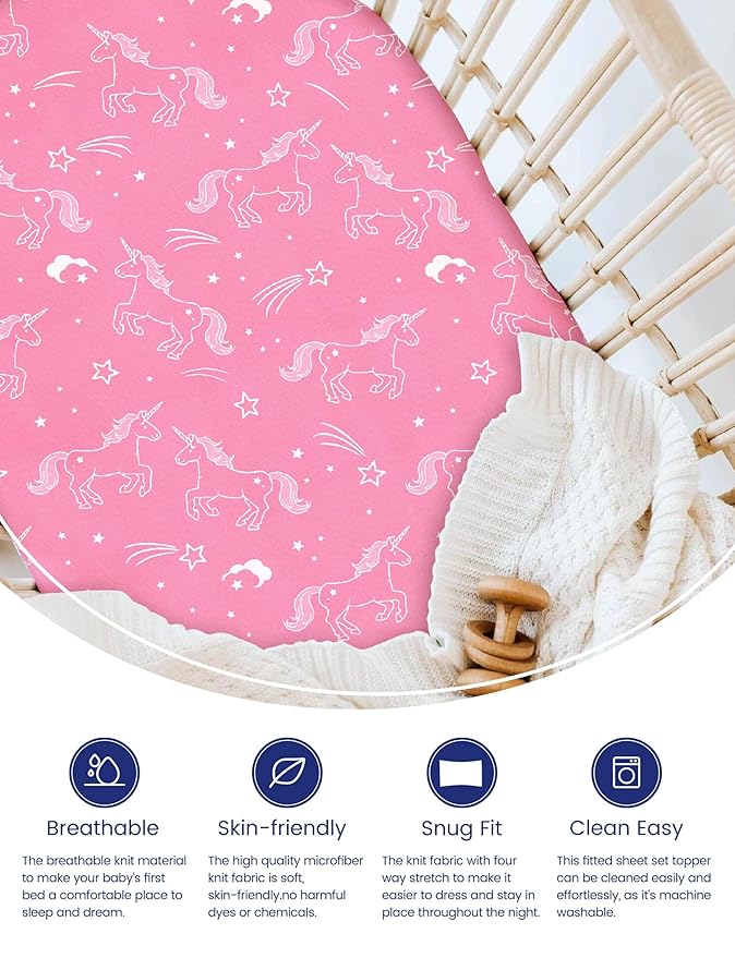 TotAha Premium Soft Unicorn Bassinet Sheet for Girl, Super Stretchy Jersey Knit Bassinet Fitted Sheet, Compatible with Halo, Maxi COSI, Mika Micky, SNOO, Baby Delight Mattress, 2 Pack