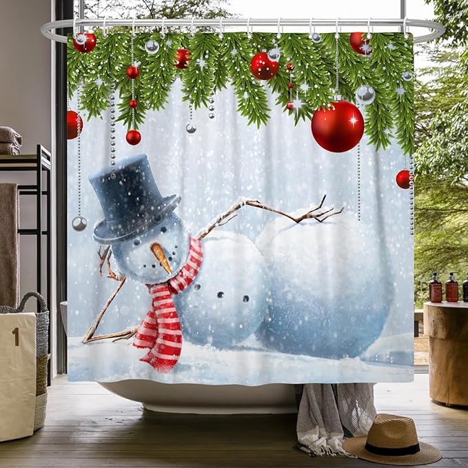 Funny Christmas Shower Curtain for Bathroom Snowman Snowflake Red Christmas Ball Winter Holiday Kids Bathroom Curtain with Hook,72x72 Inch